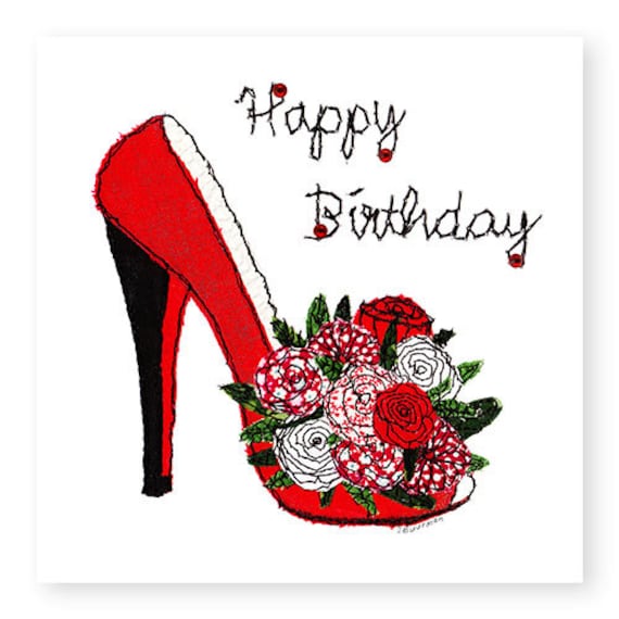 Red Shoe Birthday Card Embroidery Art Card Printed From - Etsy UK