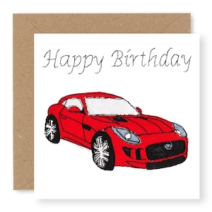 Carte d’anniversaire de voiture de sport rouge, carte de joyeux anniversaire pour garçons, carte d’anniversaire de voiture, imprimée à partir de la conception originale de broderie Free Motion, (BD54) image 1