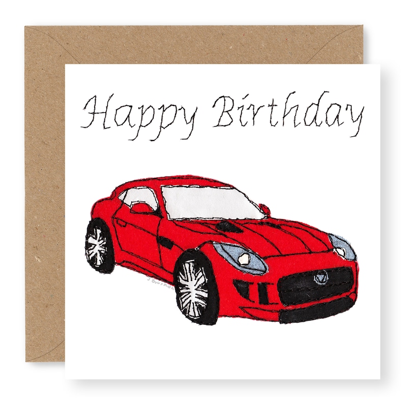 Carte d’anniversaire de voiture de sport rouge, carte de joyeux anniversaire pour garçons, carte d’anniversaire de voiture, imprimée à partir de la conception originale de broderie Free Motion, (BD54) image 1
