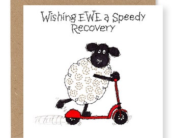 Funny Sheep Get Well Card: Embroidered Farmyard Design, Wishing EWE a Speedy Recovery, (EW88)