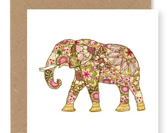 Elephant Card, Floral Elephant Card, Embroidery Art Card, Blank Card, Printed from the Original Free Motion and Applique Design, (GC10)