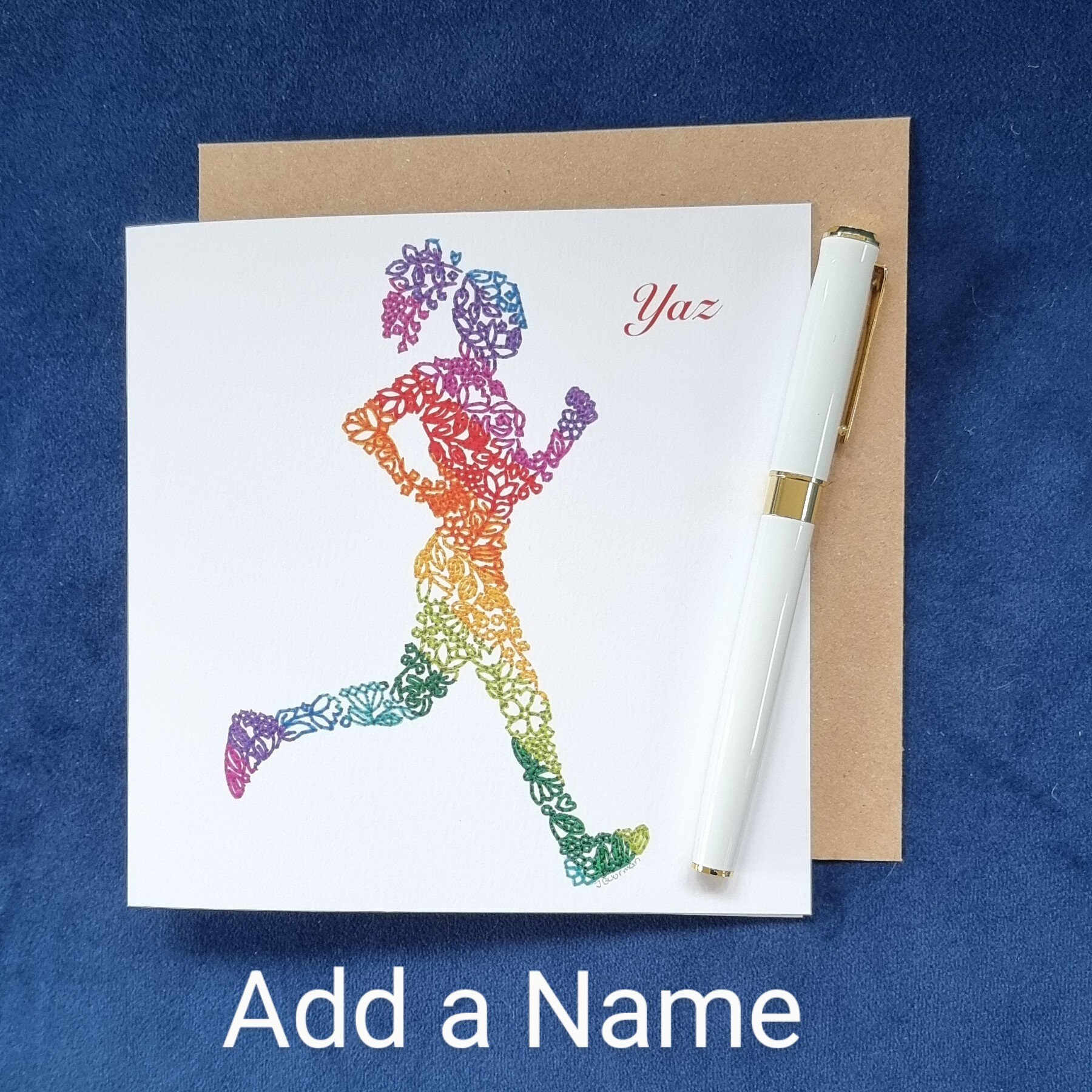 Running Greeting Card, Running Birthday Card, Female Running Card, Embroidery Art Card, Printed