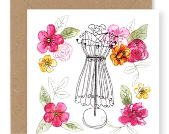 Floral Birthday card, Jewellery Stand Card, Printed from original freehand embroidered artwork, hand finished with gems (GC14)