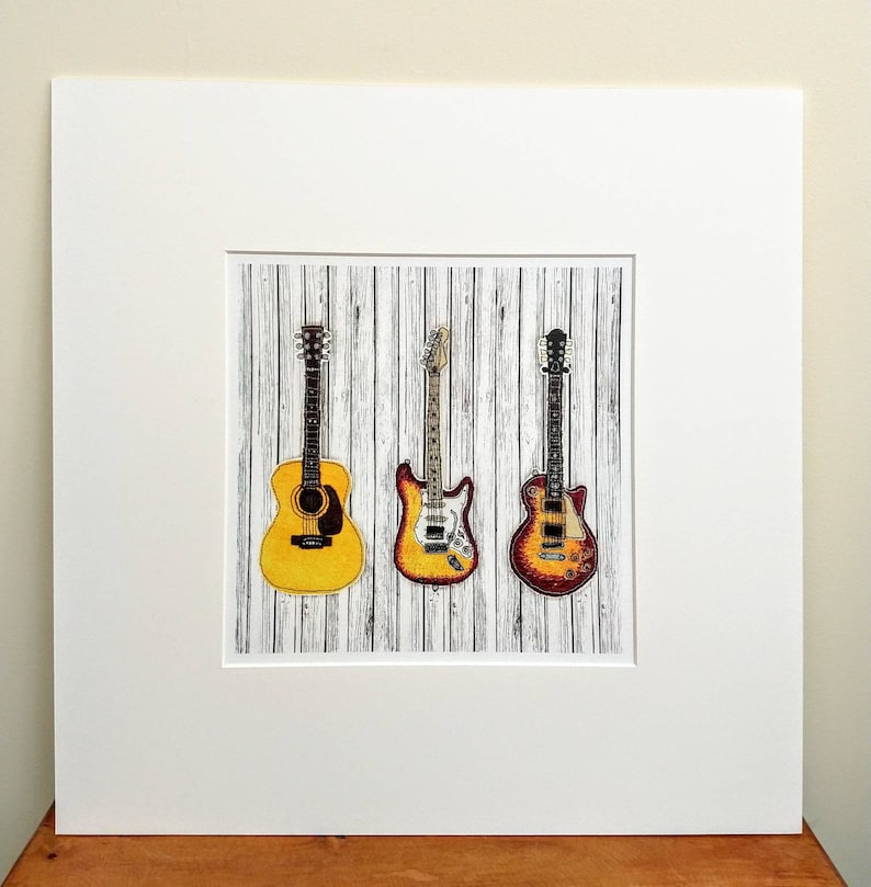 Gibson Les Paul guitar Guitar Print Acoustic Guitar Guitar Wall Art from Original Stitched Art Fender Sunburst Stratocaster