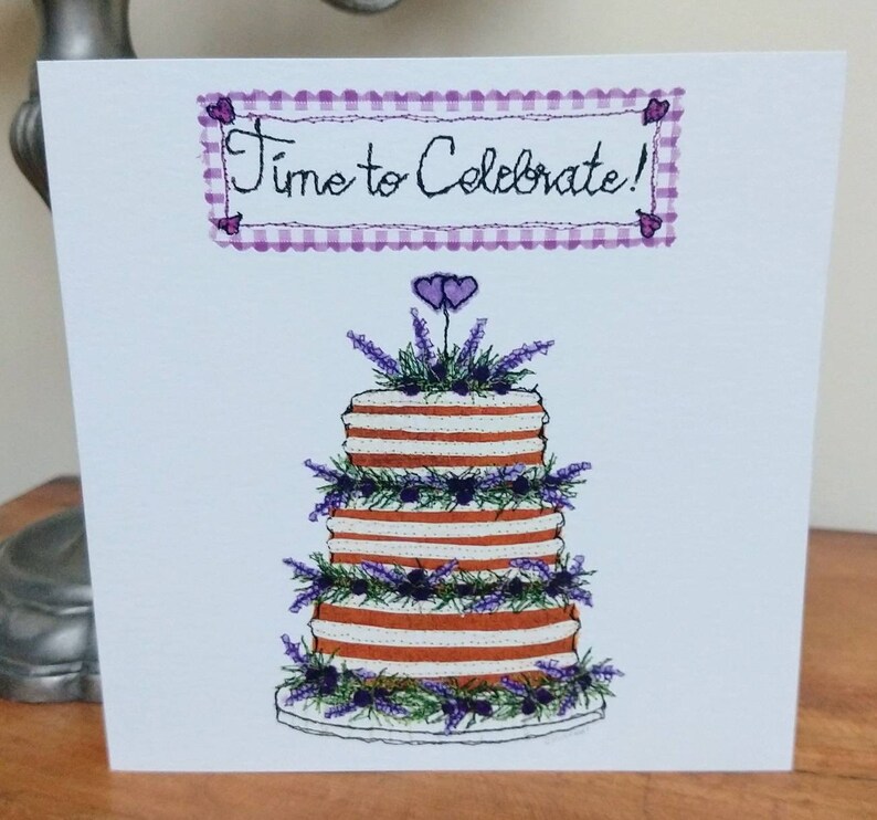Special Birthday Card, Celebration Card, Wedding Cake Card, Lavender Cake, Printed from Original Free Motion Embroidery Design, GC21 image 3