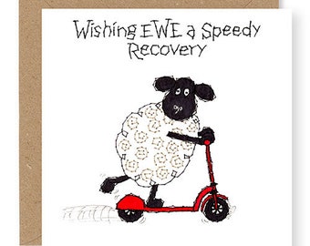 Carte drôle Get Well Soon, souhaitant un prompt rétablissement à EWE, carte Thinking of You, carte de mouton drôle, carte de basse-cour, dessin de broderie, (EW88)