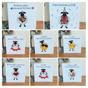 May include: Set of nine greeting cards featuring a black sheep with different illustrations and messages. The cards are white with black borders and feature various messages such as "Wishing EWE a Wonderful Birthday!" and "Hey EWE! Happy Birthday Sunshine".