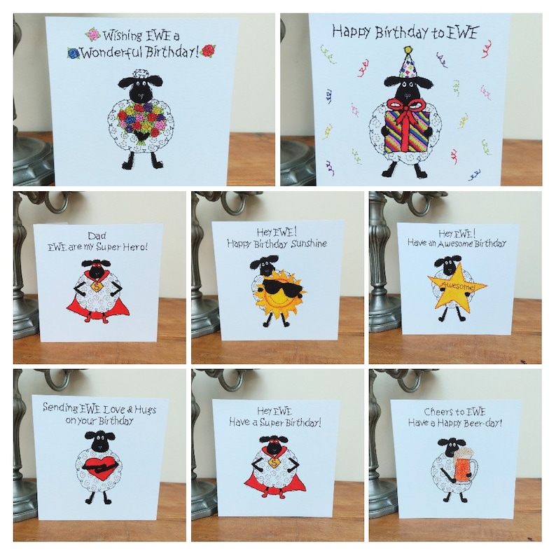 May include: Set of nine greeting cards featuring a black sheep with different illustrations and messages. The cards are white with black borders and feature various messages such as "Wishing EWE a Wonderful Birthday!" and "Hey EWE! Happy Birthday Sunshine".