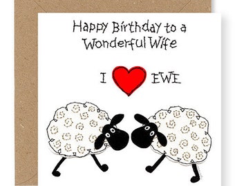 Birthday Card for Wife, Sheep Card, Fun Sheep Birthday Card, Free Motion Embroidery Design, Happy Birthday to a Wonderful Wife, (EW61)
