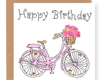 Bike Birthday Card, Bike with Flowers Card, Printed from Original Free Motion Embroidery Design, Hand Finished with Gems, (BD19)