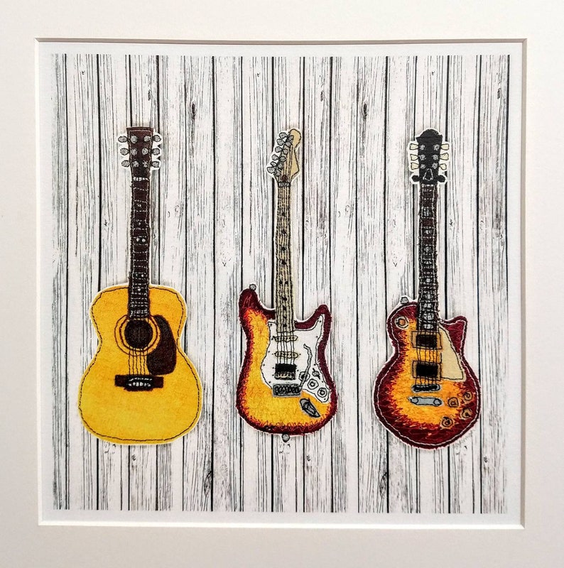 Gibson Les Paul guitar Guitar Print Acoustic Guitar Guitar Wall Art from Original Stitched Art Fender Sunburst Stratocaster
