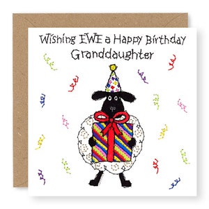 Birthday Card for Granddaughter, Sheep Card, Sheep Birthday Card, Embroidery Design, Wishing EWE a Happy Birthday Granddaughter, (EW86)