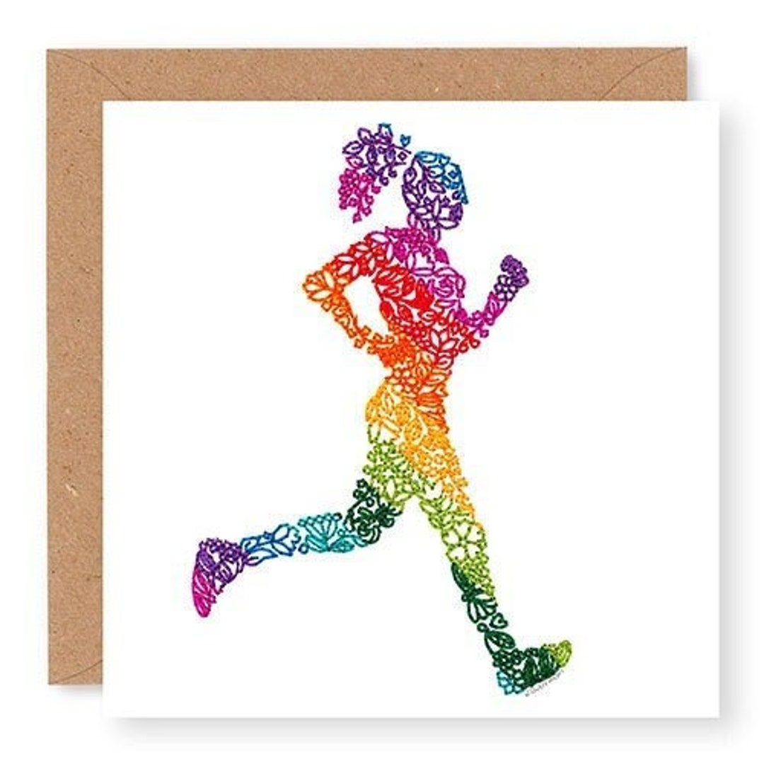 Running Greeting Card, Running Birthday Card, Female Running Card, Embroidery Art Card, Printed