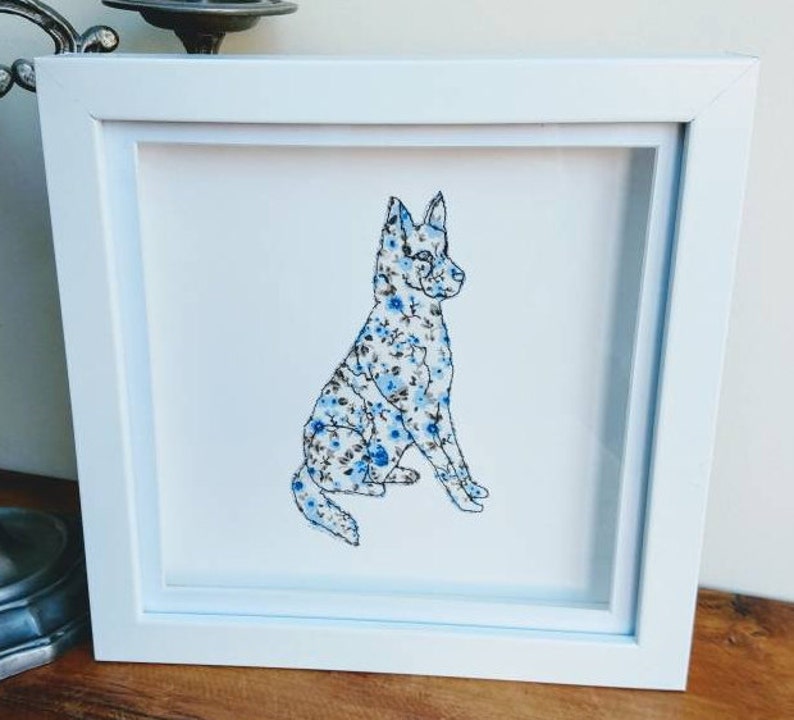 German Shepherd, handmade original stitched framed artwork, can be personalized, choice of colours, fabric and size. image 3