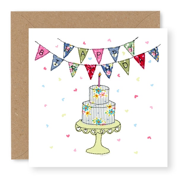 Happy Birthday card, Cake Birthday card, Girls birthday card, Printed from Original Free Motion Embroidery Design,  (BD57)