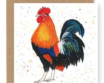 Carte d'art coq/coq, carte d'anniversaire coq, carte campagne, carte animaux de la ferme, imprimée à partir d'un motif de broderie original, (IW15)