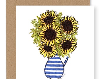 Sunflowers Birthday Card, Blank Sunflower Card, Gardening Card, Printed from Original Free Motion Embroidery Design, (GC17)