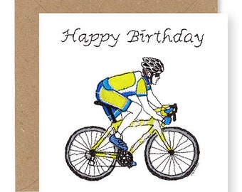 Cycling Card, Cycling Birthday Card, Bike Birthday Card, Embroidery Art Card, Printed from Original Free Motion Embroidery Design, (BD39)