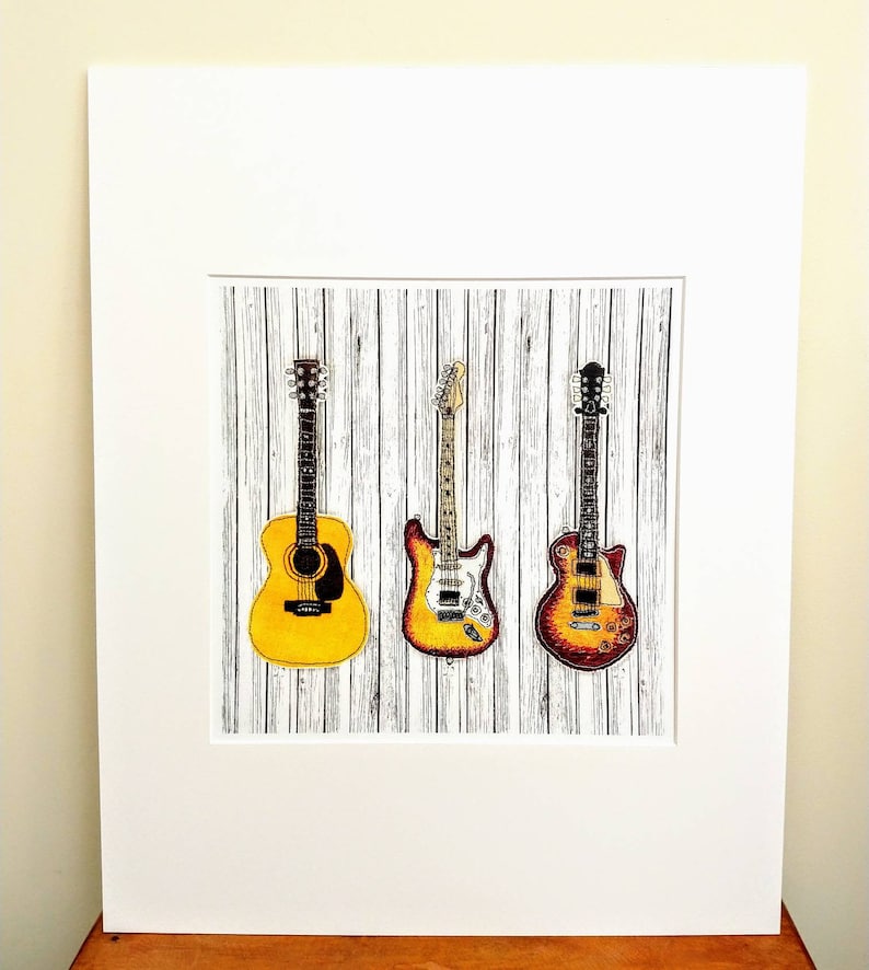 Gibson Les Paul guitar Guitar Print Acoustic Guitar Guitar Wall Art from Original Stitched Art Fender Sunburst Stratocaster