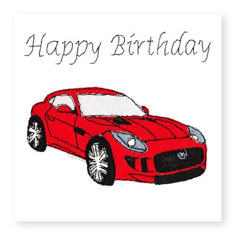 Carte d’anniversaire de voiture de sport rouge, carte de joyeux anniversaire pour garçons, carte d’anniversaire de voiture, imprimée à partir de la conception originale de broderie Free Motion, (BD54) image 2