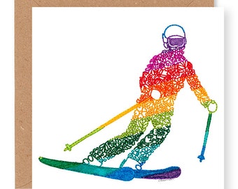 Carte de voeux de ski, carte d'anniversaire de ski, carte de ski pour fille, carte de ski pour skieuse, carte d'art de broderie, motif imprimé, (IN013)