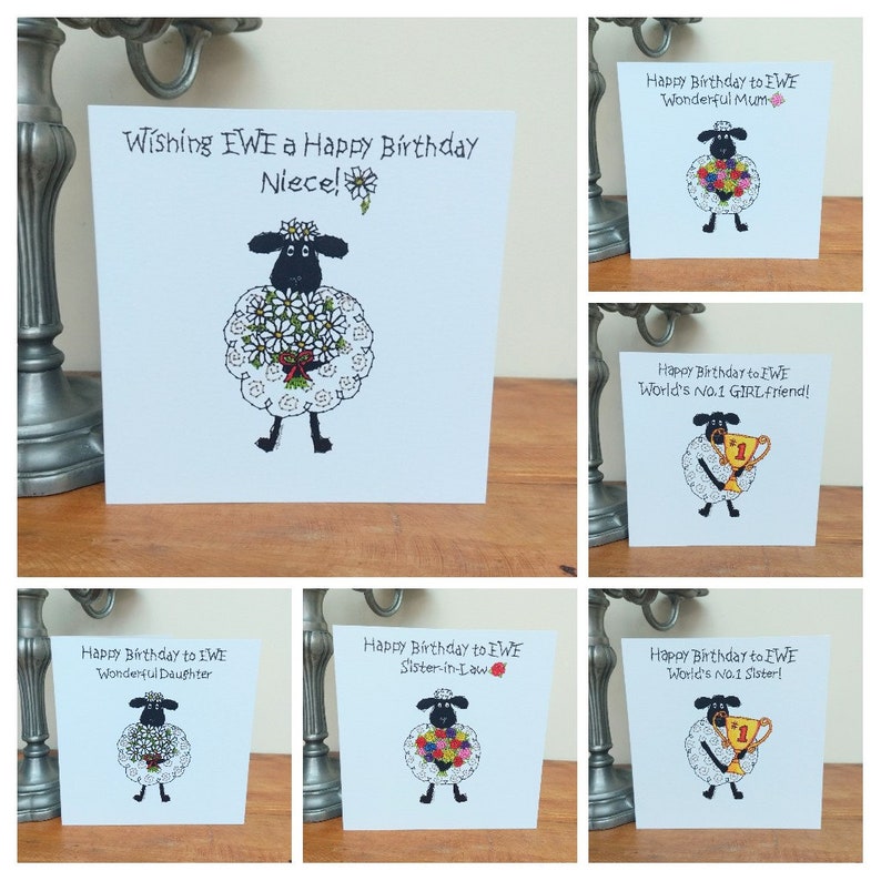 May include: A set of six greeting cards featuring a black sheep holding flowers or a trophy. Each card has a different message, such as "Happy Birthday to EWE Wonderful Mum" or "Happy Birthday to EWE World's No.1 Sister!"