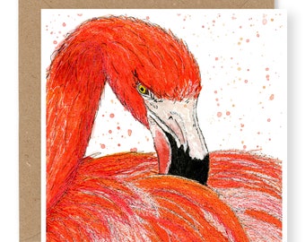 Carte d'art à broder flamant rose, carte de voeux flamant rose, carte animalier, imprimée à partir d'un motif de broderie original en piqué libre (IW04)