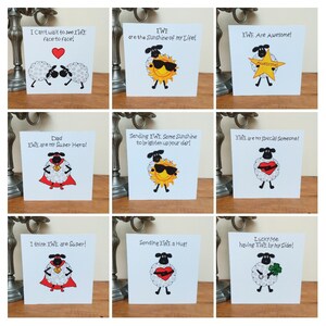 May include: Nine greeting cards featuring a cartoon sheep with different sayings. The sayings include "I Can't wait to see EWE face to face!" "EWE are the Sunshine of my Life!" "IWE Are Awesome!" "Dad EWE are my Super Hero!" "Sending EWE Some Sunshine to brighten up your day!" "EWE are my Special Someone!" "I think EWE are Super!" "Sending EWE a Hug!" "Lucky Me having EWE by my side!"