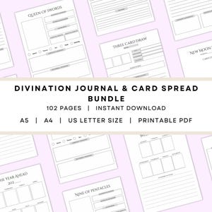 May include: A bundle of printable divination journal and card spread pages. The pages are white with black text and line drawings. The text includes "Queen of Swords", "Three Card Draw", and "New Moon Spread". The bundle includes 102 pages.