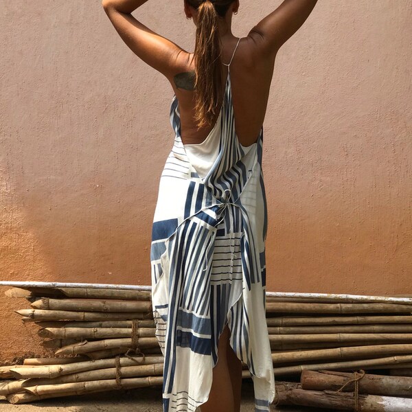 White & Blue Geometric lines Sundress,transformer dress,sarafan,loose dress,tango dress,open back dress,sundress plus size,salsa dress,beach