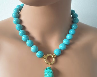 Natural Turquoise Necklace, 14mm Gumball Necklace, Knotted Beaded Chunky Statement Necklace