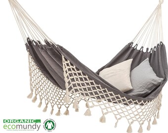 Hangmat met franje - antraciet grijs/naturel - traditioneel handgeweven - biologisch katoen - GOTS - 130x200x320cm