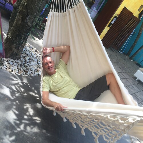 Hammock with fringes - premium shops quality - 2-person XL - handcrafted - natural white - sustainable ORGANIC cotton - GOTS 160x240x360cm