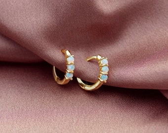 Tiny Triple Opal Huggie Hoop Earrings