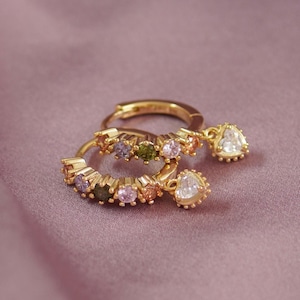 Pastel Stone Heart Charm Hoop Earrings