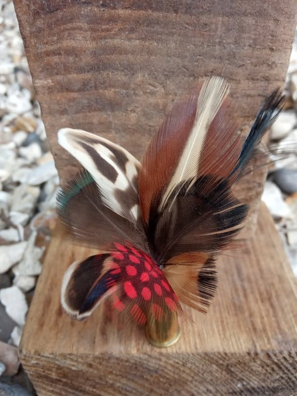 Red black guinea fowl & pheasant feather bullet pin feather | Etsy