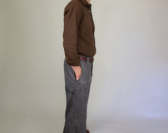 Grey Wool Herringbone Tweed Mens Trousers