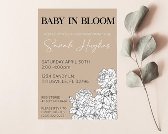 Baby in bloom baby shower invitation, new modern unique floral baby shower invitations