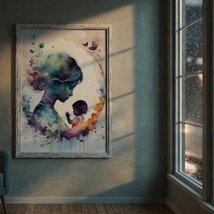 May include: Watercolor print of a mother and child in a white frame. The artwork features a woman in profile, cradling a baby, surrounded by colorful floral and butterfly accents. The color palette includes blues, purples, and oranges.