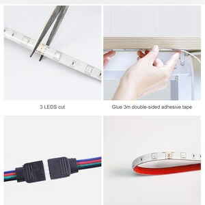 May include: A close-up of a flexible LED strip with a red backing. The strip can be cut every 3 LEDs. The strip has a 3M adhesive backing for easy installation. The strip can be connected using the included connectors.