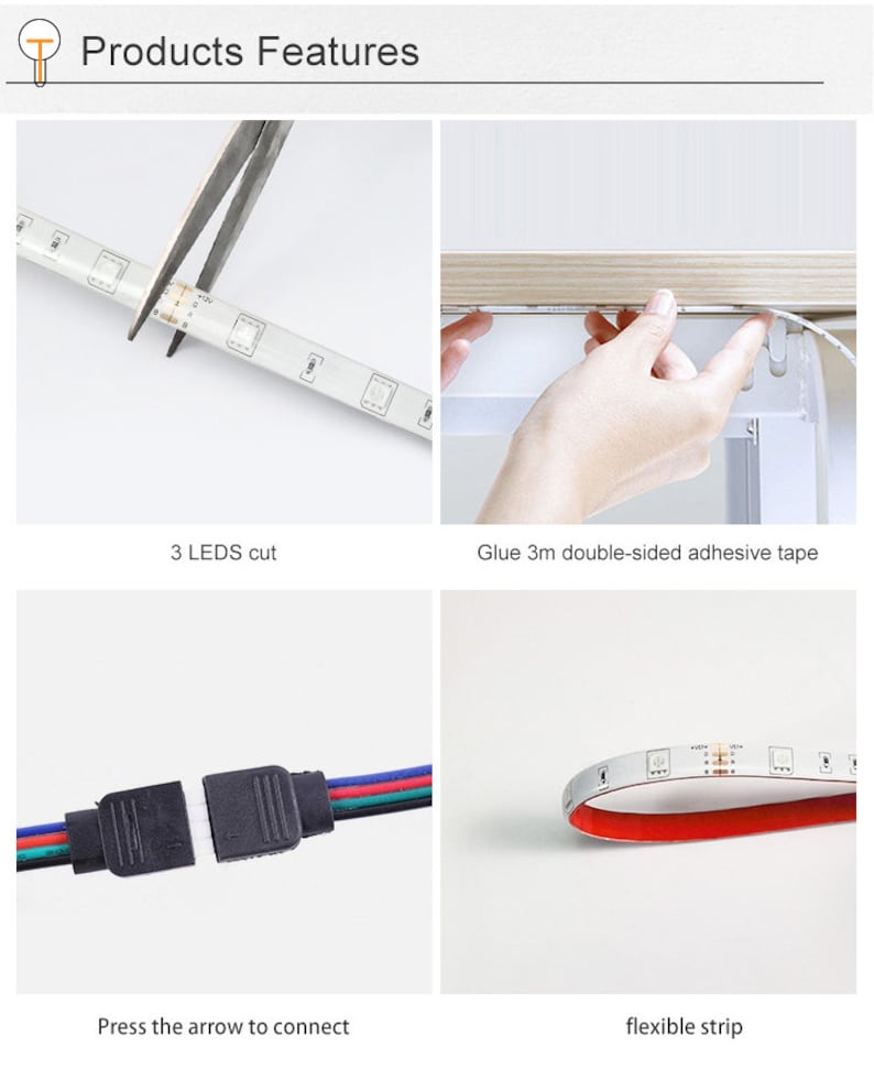 May include: A close-up of a flexible LED strip with a red backing. The strip can be cut every 3 LEDs. The strip has a 3M adhesive backing for easy installation. The strip can be connected using the included connectors.