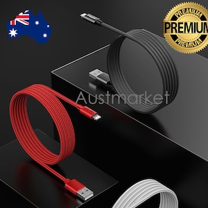 May include: Three braided charging cables in black, red, and white. The cables are coiled and have USB-A and Lightning connectors.