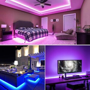 May include: Three images showing different ways to use LED light strips. The first image shows a bedroom with purple LED lights under the bed. The second image shows a patio with blue LED lights under a couch. The third image shows a desk with purple LED lights under a computer monitor.