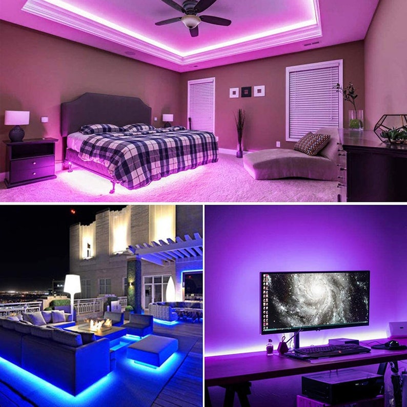 May include: Three images showing different ways to use LED light strips. The first image shows a bedroom with purple LED lights under the bed. The second image shows a patio with blue LED lights under a couch. The third image shows a desk with purple LED lights under a computer monitor.