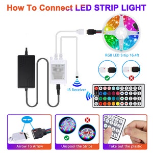 May include: Diagram showing how to connect a 16.4 foot RGB LED strip light. The diagram shows the power supply, controller, IR receiver, and remote control. It also shows how to connect the LED strip to the controller and how to unspool the strip.