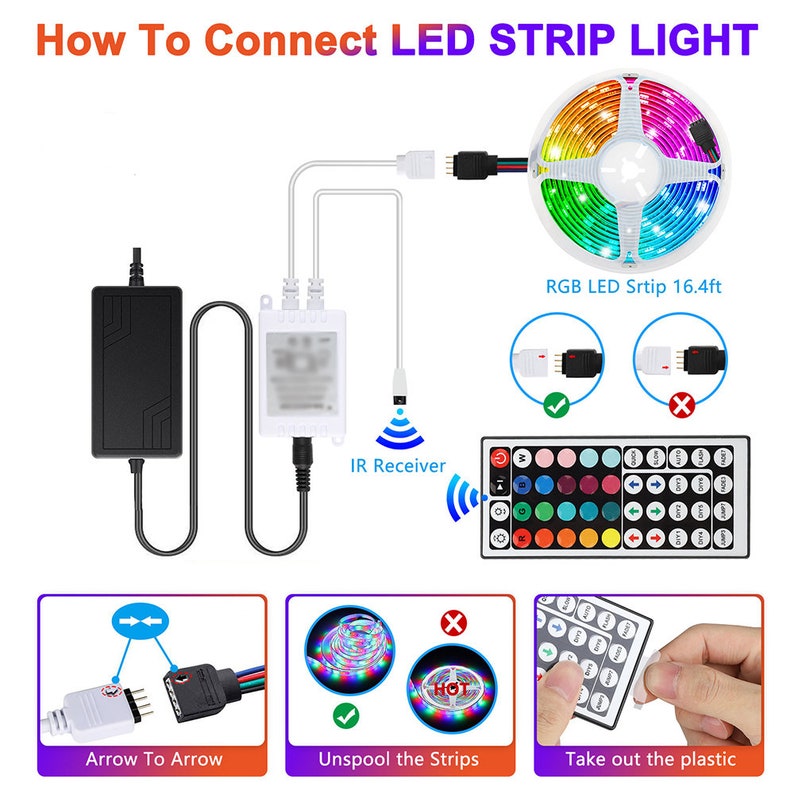 May include: Diagram showing how to connect a 16.4 foot RGB LED strip light. The diagram shows the power supply, controller, IR receiver, and remote control. It also shows how to connect the LED strip to the controller and how to unspool the strip.
