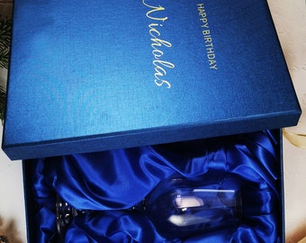 Personalized Wine Glasses in a Blue Satin Gift Box  Wedding gift, Birthday gift, anniversary