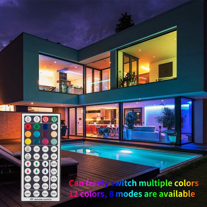 May include: A remote control with a variety of buttons, including color options, timer settings, and brightness adjustments. The text on the remote reads "Can freely switch multiple colors 12 colors, 8 modes are available RF remote control".