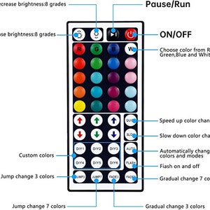 May include: A white remote control with black buttons for controlling LED lights. The buttons include options for color selection, brightness, speed, and various light modes. The text on the remote includes "Pause/Run", "ON/OFF", "Choose color from Red, Green, Blue and White", "Speed up color changing", "Slow down color changing", "Automatically change colors and modes", "Flash on and off", "Gradual change 7 colors", "Jump change 3 colors", "Jump change 7 colors", "Gradual change 3 colors", "Custom colors", "DIY1", "DIY2", "DIY3", "DIY4", "DIY5", "DIY6", "JUMP3", "JUMP7", "FADE3", "FADE", "QUIC", "SLO", "AUTO", "FLASH".