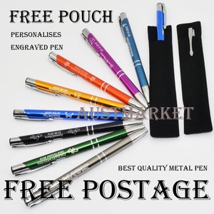 May include: A collection of metal pens in various colours including blue, purple, orange, yellow, black, green, and silver. Each pen features a silver clip, silver accents, and custom engraving. Two black fabric pouches are included for storage.